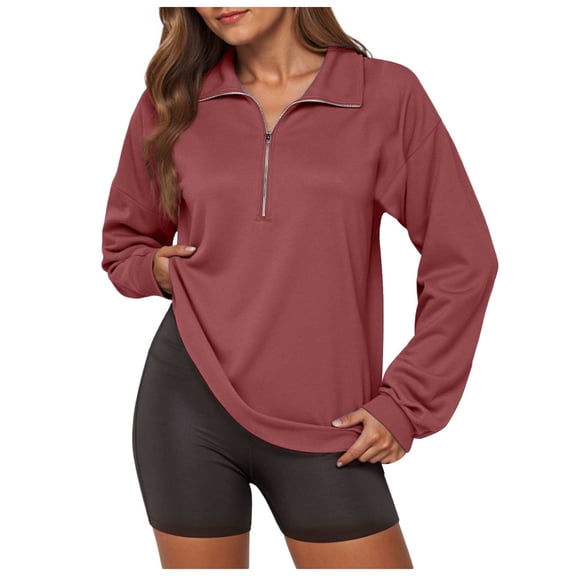 larppty Womens Sweatshirt Long Sleeve Lapel Half Zip Up Casual Lightweight Soft Sweatshirts Loose Pullover Tops (Red, L)
