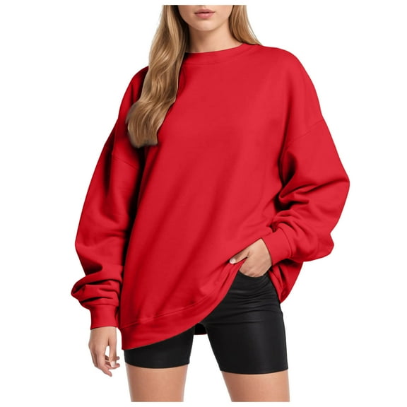 larppty Womens Sweatshirts Crewneck Oversized Pullover Sweaters Fall Winter Cute Pullover Tops Teen Girls Fashion Clothes 2025 (Red, XL)