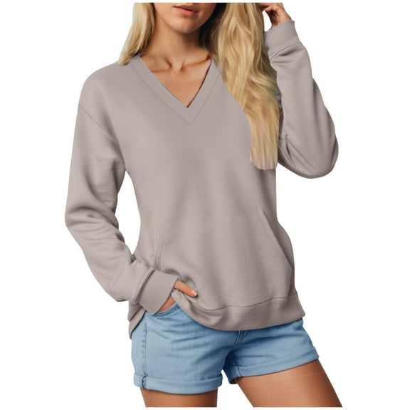 larppty Womens Sweatshirts V Neck Long Sleeve Soft Sweatshirt Oversized Fall Fashion Hoodies Pullover with Pocket (Khaki, 3XL)