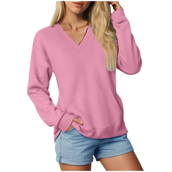larppty Womens Sweatshirts V Neck Long Sleeve Soft Sweatshirt Oversized Fall Fashion Hoodies Pullover with Pocket (Pink, S)