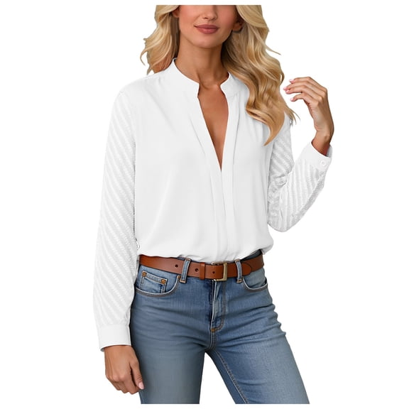 larppty Womens Tops Dressy Casual Long Sleeve V Neck Shirts Loose Flowy Chiffon Business Work Blouses (White, L)