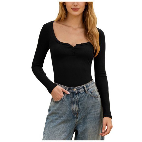 larppty Womens Tops Long Sleeve Henley Buttons Shirts Slim Fit Ribbed Knit Going Out Top Blouses Early Fall Fashion（Black，M）