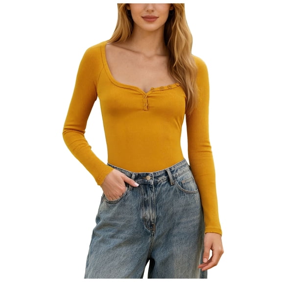 larppty Womens Tops Long Sleeve Henley Buttons Shirts Slim Fit Ribbed Knit Going Out Top Blouses Early Fall Fashion（Yellow，M）