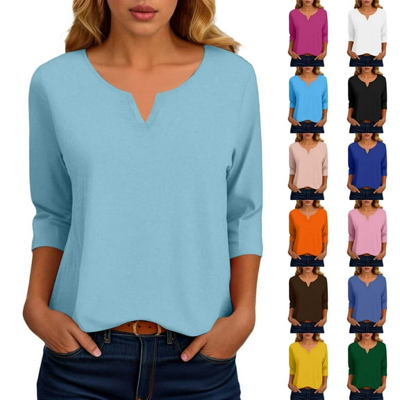 larppty Womens V Neck 3/4 Sleeve T-Shirts Solid Color Casual Basic Tops Summer 2025 Tees Blouses Loose Fit Pullover（Yellow，L）