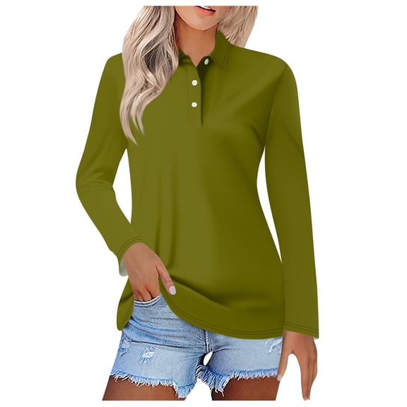 larppty Womens V Neck Polo Shirts Long Sleeve Collared Tops Fall Loose Golf Casual Tunic Blouses (AG, L)