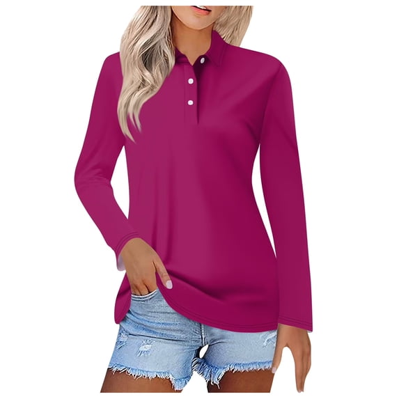 larppty Womens V Neck Polo Shirts Long Sleeve Collared Tops Fall Loose Golf Casual Tunic Blouses (Purple, M)