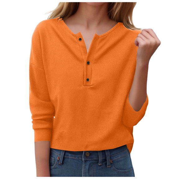 larppty Womens V Neck Waffle Knit Shirts Long Sleeve Loose Fitting Warm Tee Tops Sweaters Pullovers (Orange, L)
