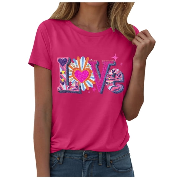 larppty Womens Valentines Shirt: Love Graphic Tshirt Valentine Day Gift Shirts Love Heart Short Sleeve Tops (Hot Pink, XXL)