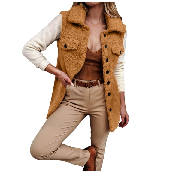 larppty Womens Warm Sherpa Fleece Sleeveless Button Down Long Vest Sherpa Jackets Coat Outerwear (Gold, XL)