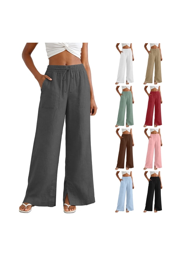 Womens Wide Leg Palazzo Linen Pants High Waist Split Ankle Casual Lounge Beach Vacation Pants 2026 Spring Summer（White， L）