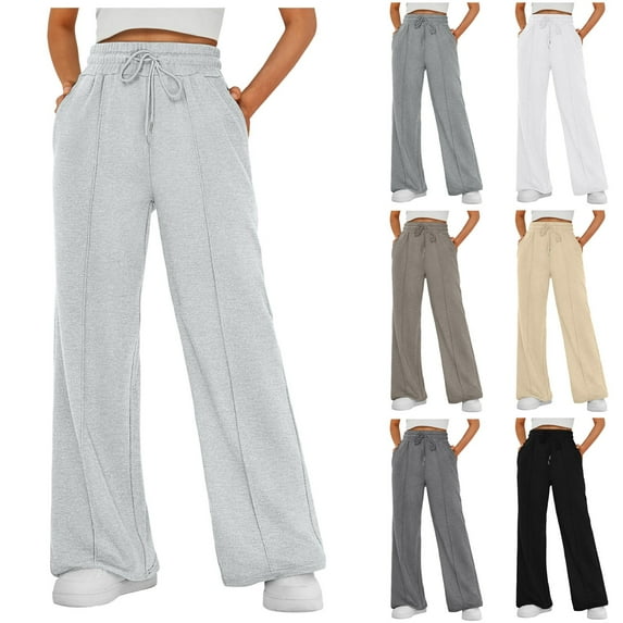 larppty Womens Wide Leg Sweatpants Casual Drawstring High Waisted Solid Color Breathable Oversized Lounge Jogging Pants with Pockets（Light Gray，XXXL）