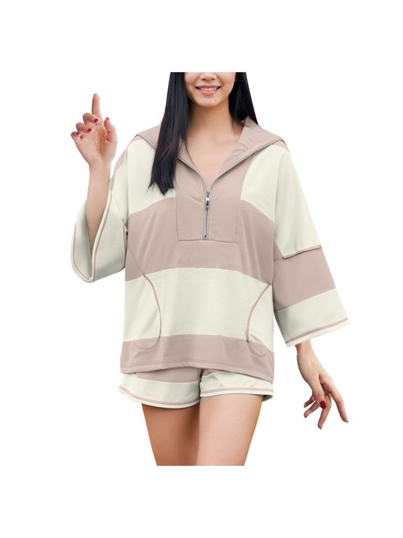 larppty Womens Workout Striped Short Sets 2 Piece Outfits Summer Matching Lounge Sets Top and Shorts with Pockets(Khaki, XL)