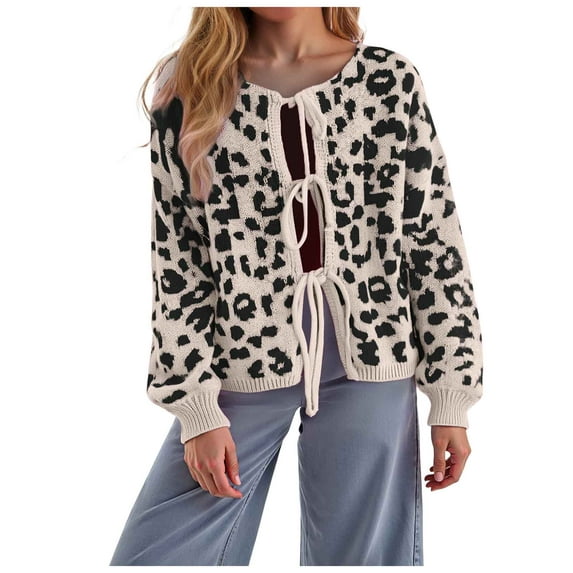 larppty Womens Y2k Bow Tie Front Cardigan Sweaters Oversized Fall Open Front Leopard Print Cardigans Cute Loose Knit Coats (Black, L)