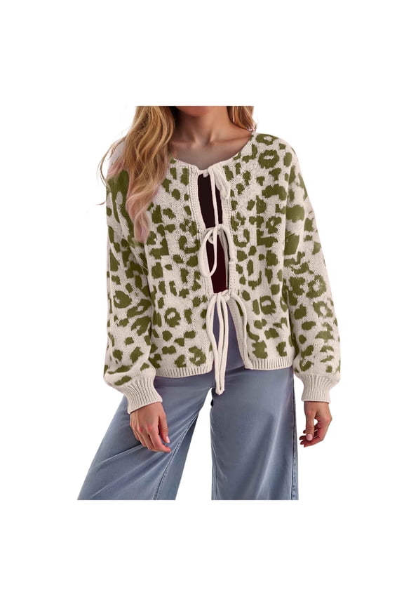 Womens Y2k Bow Tie Front Cardigan Sweaters Oversized Fall Open Front Leopard Print Cardigans Cute Loose Knit Coats (Green, L)