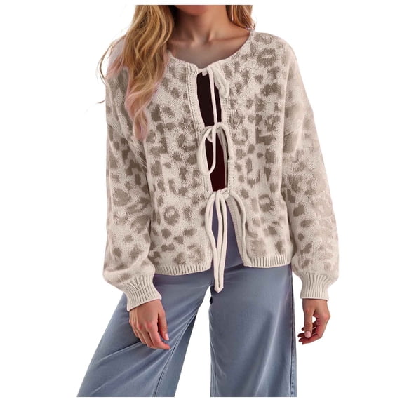 larppty Womens Y2k Bow Tie Front Cardigan Sweaters Oversized Fall Open Front Leopard Print Cardigans Cute Loose Knit Coats (Khaki, M)