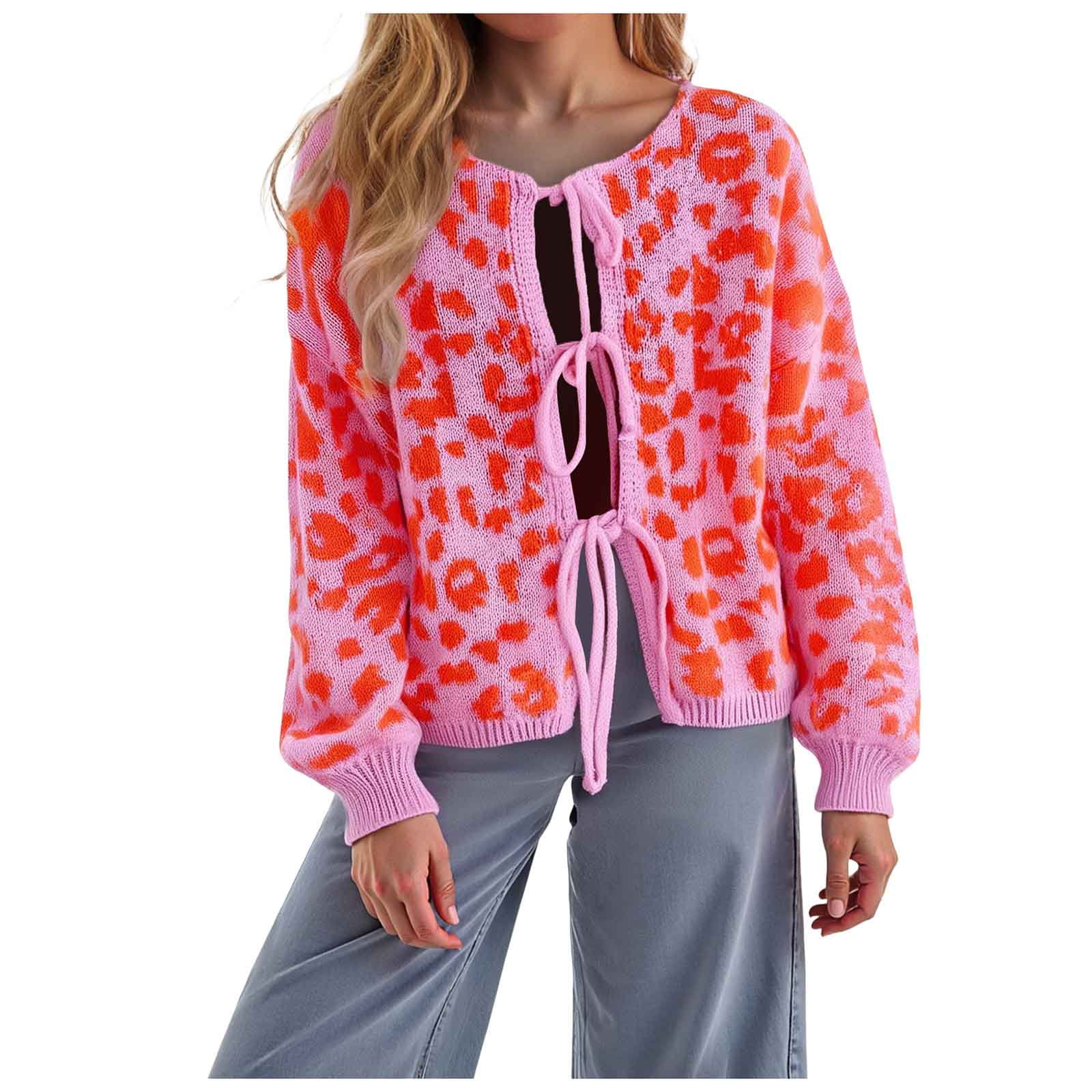Womens Y2k Bow Tie Front Cardigan Sweaters Oversized Fall Open Front Leopard Print Cardigans Cute Loose Knit Coats (Pink, M)
