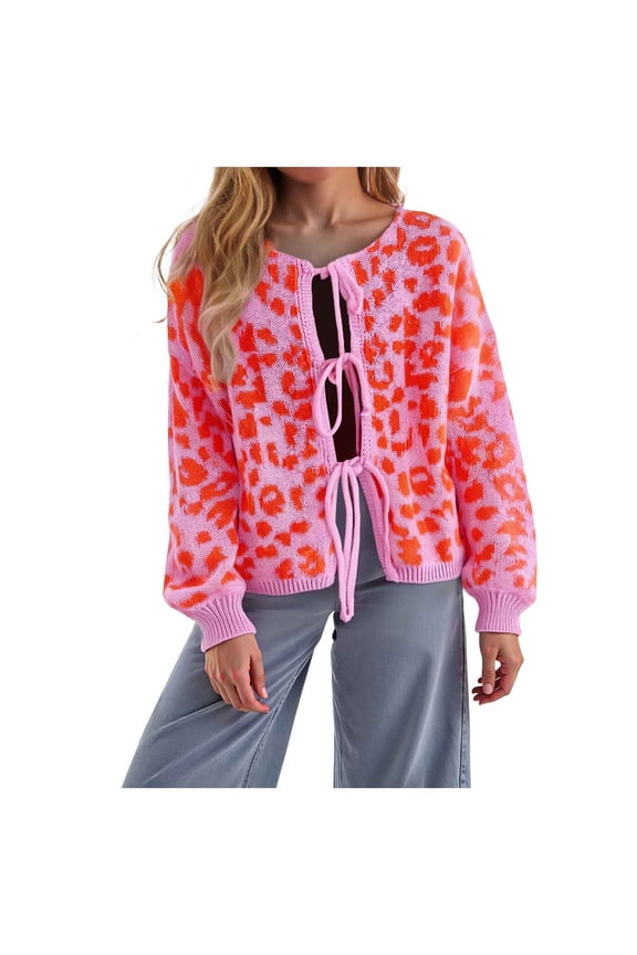 Womens Y2k Bow Tie Front Cardigan Sweaters Oversized Fall Open Front Leopard Print Cardigans Cute Loose Knit Coats (Pink, M)