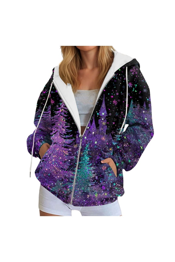 Womens Zip Up Hoodies Fall Fashion Xmas Trees Graphic Sweatshirt 2025 Clothes Y2K Jackets Cute Winter Outfits (Purple, 3XL)