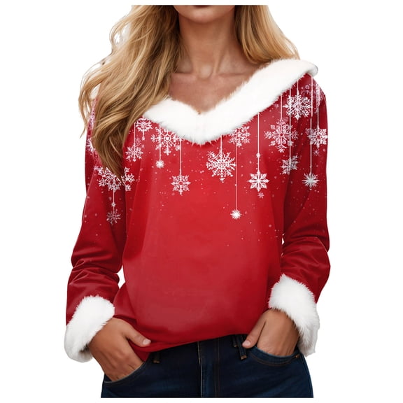 larppty Xmas Faux Fur Trim Tops for Women Loose V Neck Sweaters Sweatshirts Graphic Christmas Long Sleeve Holiday Pullover (Pink, XXL)