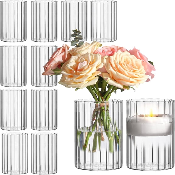 lass Cylinder Vases Pack of 12, Clear Ribbed Bud Vases for Centerpieces Weeding Dration, 6 inch Tall Clear Flower Vases in Bulk, Hurricane Candle Holder for Party Home Dr