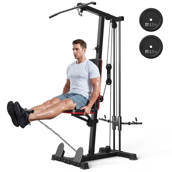 Home Gym Station with Lat Pulldown Seated Row Ab Crunch – 3-in-1 Cable Machine Includes 11lbs Weight Plates, Triceps Rope, Lat Bar, Cable Bar, Resistance Band Hooks
