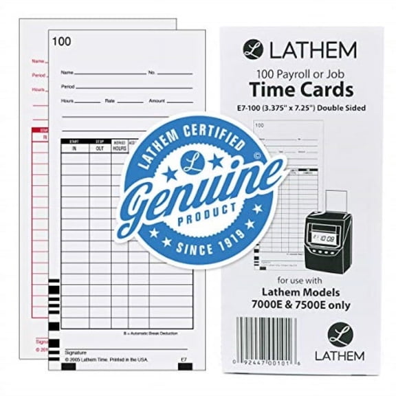 lathem bar coded time cards, for use with lathem 7000e & 7500e time clocks, 7", 100 pack (e7-100)