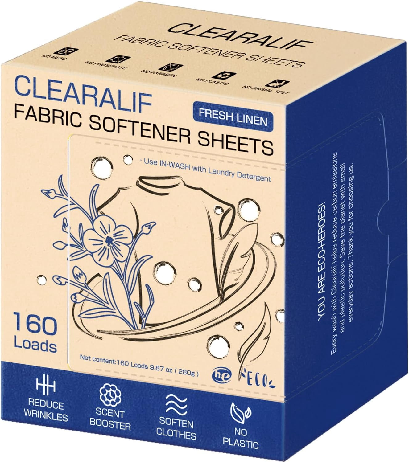 laundry Fabric Softener Sheets Fresh Linen Scent 160 Loads Eco Friendly ...