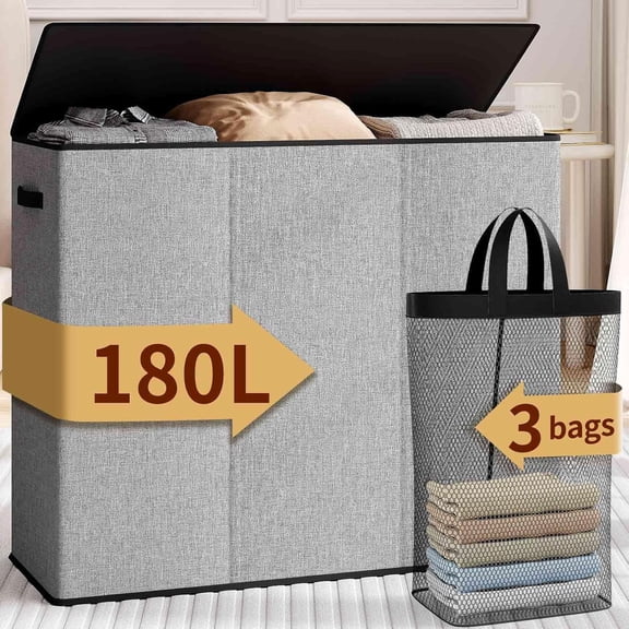 laundry hamper 3 section,180L large laundry basket for laundry sorting,Clothes Hamper with 3 Removable Bags,laundry hamper with lid, ideal for Bedroom,Bathroom,Dorm,Laundry Room,Grey