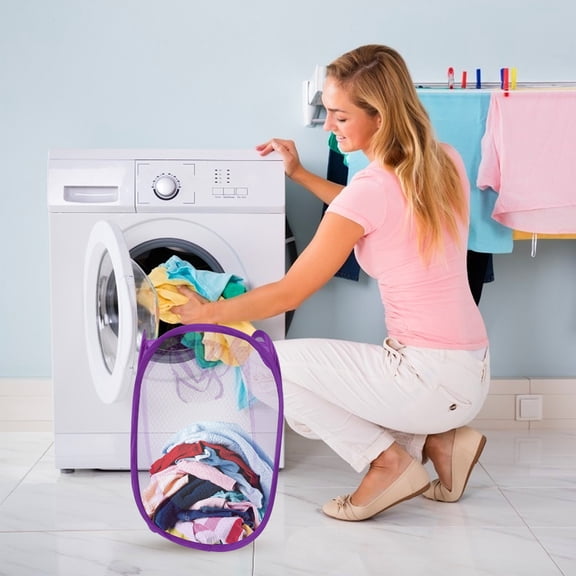 laundry hamper Purple Mesh Pop-Up Laundry Hamper with Side Pocket (18.9X11.02X11.02Inch)