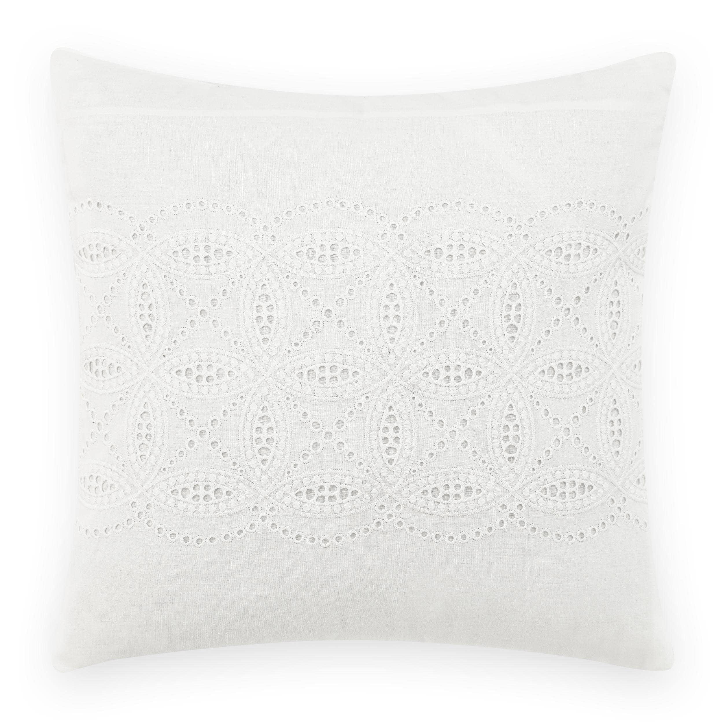 Annabella Crocheted Lace Trimmed White Cotton Square Throw Pillow