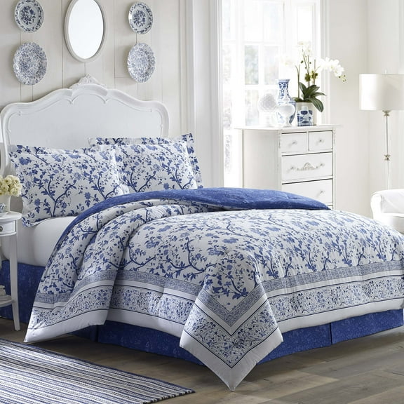 Laura Ashley  Charlotte Blue and White Floral Cotton 4-Piece Comforter Set
