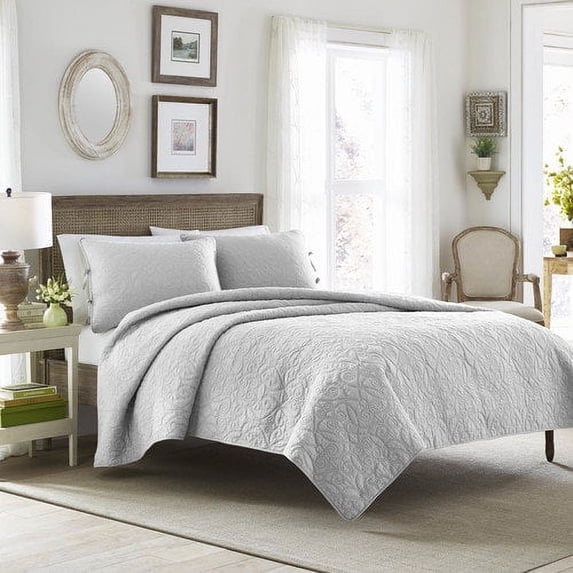 Laura Ashley Felicity Soft Grey Cotton 3-piece Quilt Set