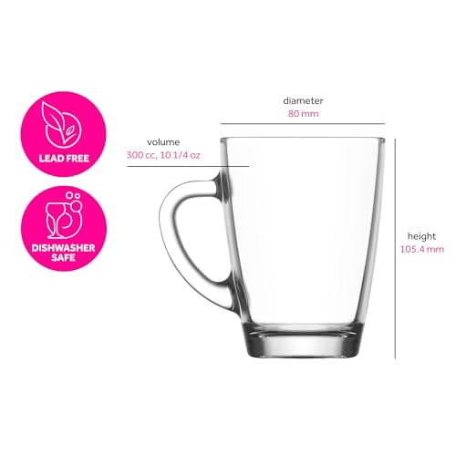 lav Glass Coffee Mugs for Hot Beverages Set of 6 - Clear Coffee Mug with Handle 9 oz - For Tea, Espresso, Cappuccino - Glass Latte Mugs, Mothers Day Gifts