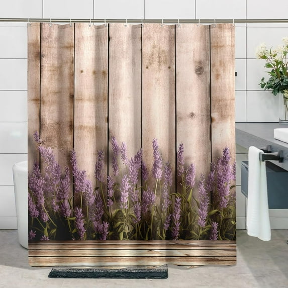 lavender shower curtain green leaves plant bathroom nature floral Weighted Cloth Fabric water Resistant Shower Curtain Set with Hooks Decorative,Brown Purple,72x72 Inch