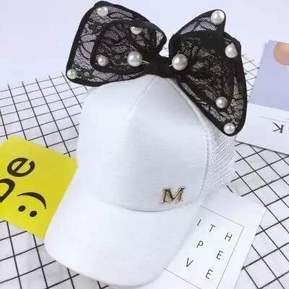 lavio Baseball Cap for Kids, hat for Girls, Children Mesh Caps Pearl Big Bow Spring Summer Cotton/Polyester (White)
