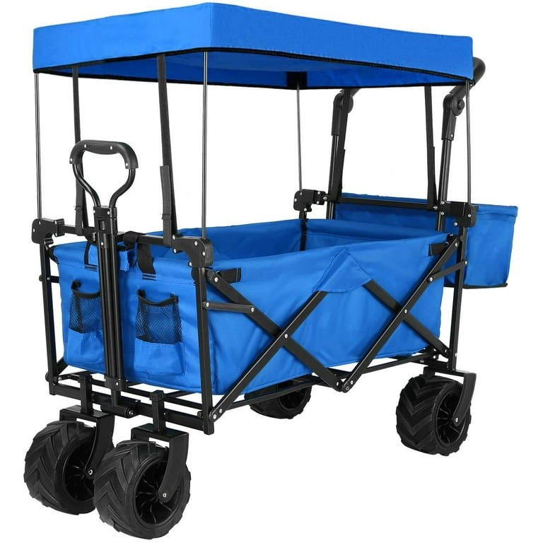 lazyBuddy Heavy Duty Collapsible Utility Wagon with Canopy Beach Cart All-Terrain Wheels Blue