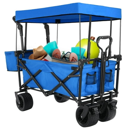 LAZY BUDDY Collapsible Outdoor Utility Wagon, Heavy Duty Beach Wagon Push & Pull Folding Grocery Shopping Cart with Canopy, 4 Big Wheels