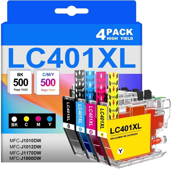lc401XL brother ink for LC401 brother ink cartridges for Brother MFC-J1010DW Printer (Black Cyan Magenta Yellow, 4 Pack)