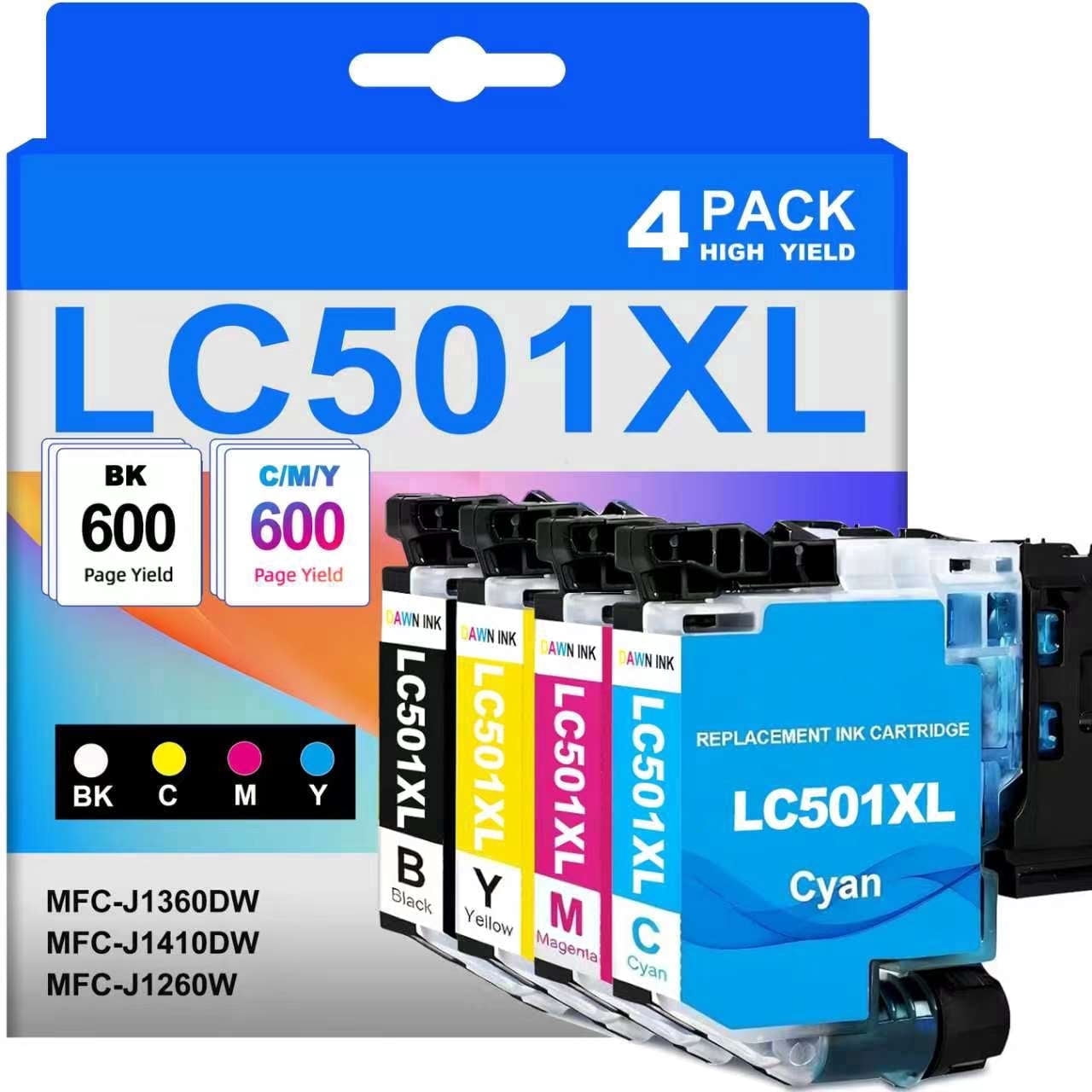 lc501 Brother Ink for Brother LC501 LC501XL Ink Cartridges for Brother MFC-J1360DW Printer (Black Cyan Magenta Yellow, 4 Pack)