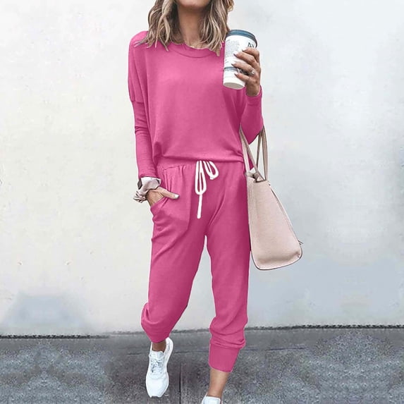 lcziwo Sets for Women 2 Piece 2025 Fall Lounge Set Fall Solid Color Sweatshirt and Pants Jogger Suits Travel Outfits Matching Sweatsuits Hot Pink 3XL