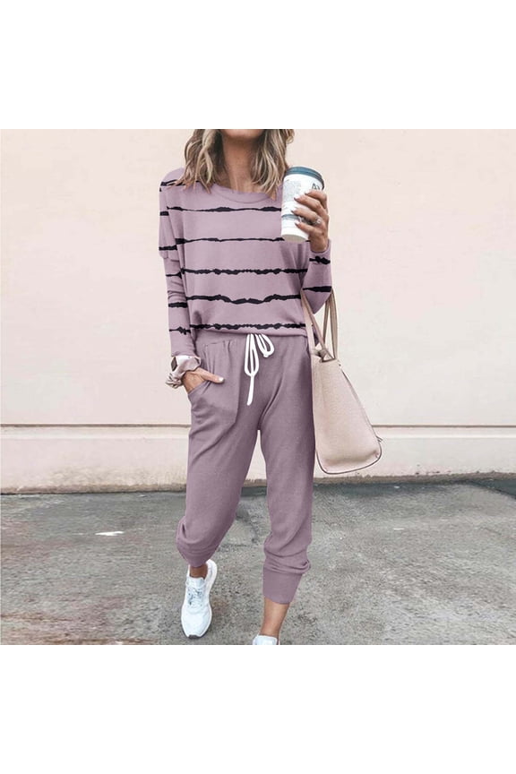 2 Piece Lounge Sets for Women Jogger Sets Spring Fall Stripes Printed Long Sleeve Sweatshirt and Jogger Pants Matching Sweatsuits 2025 Rose Gold S