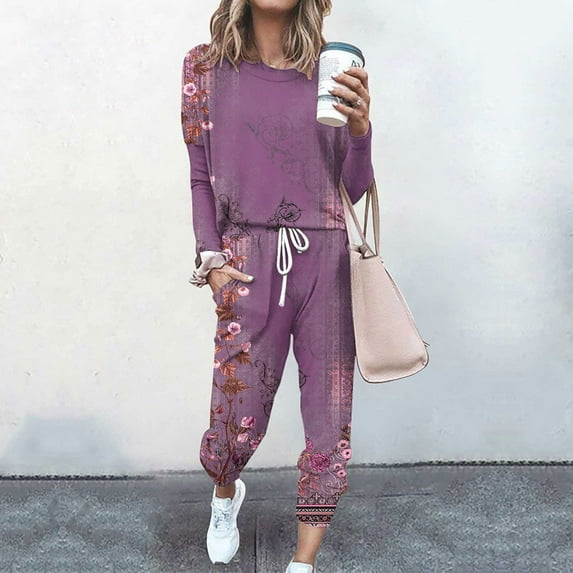 lcziwo 2 Piece Lounge Sets for Women Jogger Sets Spring Fall Vintage Boho Floral Print Long Sleeve Sweatshirt and Jogger Pants Matching Sweatsuits 2025 Purple L