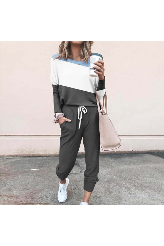 2 Piece Lounge Sets for Women Jogger Sets Spring Fall Color Block Long Sleeve Sweatshirt and Jogger Pants Matching Sweatsuits 2025 Gray L
