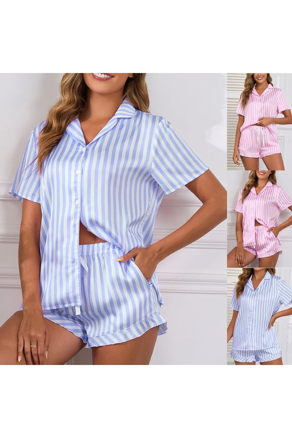 2 Piece Sets for Women Satin Striped Print Pajamas Lapel Button Down Short Sleeve Blouse and Drawstring Ruffle Shorts Sleepwear Loungewear Pink M