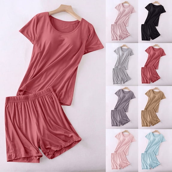 lcziwo 2 Piece Sets for Women Modal Built inBra Sleepwear Solid Color Short Sleeve Blouse and Elastic Waist Short Pajamas Black M