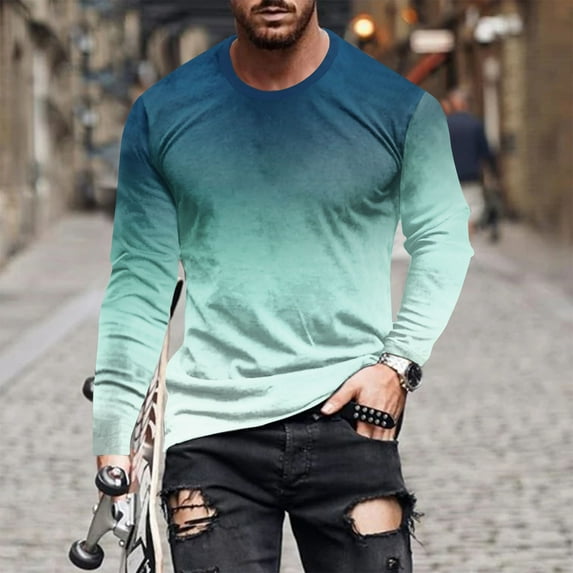 lcziwo 2024 Men's Long Sleeve Crewneck Gradient T-Shirt Casual Fashion Lightweight Tee Tops Slim Fit Workout Muscle Shirts