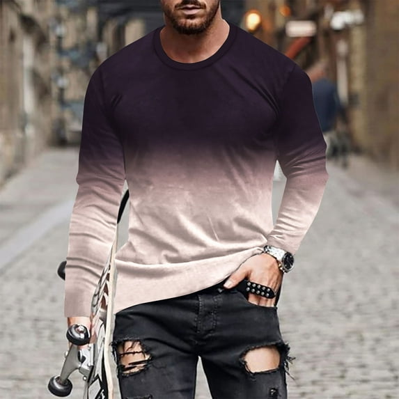 Mens Long Sleeve Shirts Casual Gradient Color Muscle Fit Pullover Graphic Tee Shirts 2024 Spring Fashion Athletic Sweatshirts Streetwear Tops Blouses