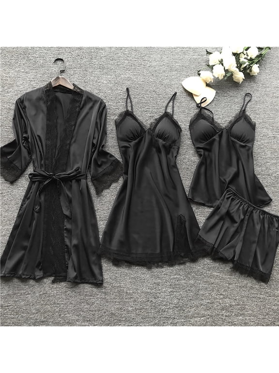 2024 Pajamas for Women Silk Pajama Set,Women's Silk Satin Pajama Set Cami Top Nightgown Lace Night Robe Sleepwear Robe Sets