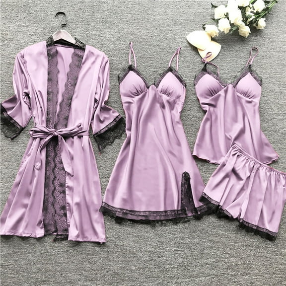 lcziwo 2024 Pajamas for Women Silk Pajama Set,Women's Silk Satin Pajama Set Cami Top Nightgown Lace Night Robe Sleepwear Robe Sets