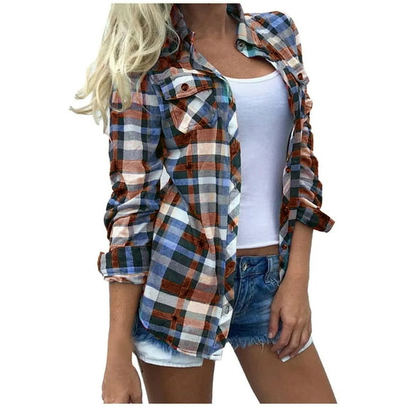 lcziwo 2024 Plaid Shacket Jacket Women Shirt,Women's Flannel Plaid Shacket Long Sleeve Button Down Chest Pocketed Shirts Jacket Coats